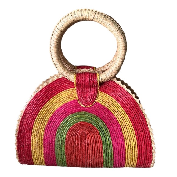 Rainbow Shaped Pink Yellow Green Straw Rattan Scalloped Handbag Clutch Tote Bag - Picture 4 of 11